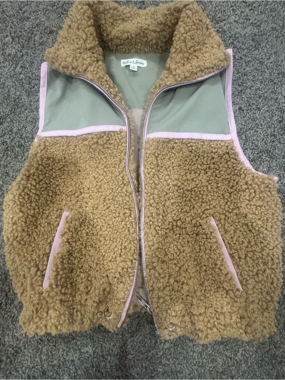For Love and Lemons Tan Sherpa Vest with Pink Trim